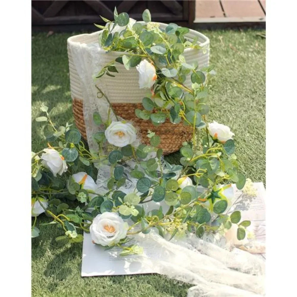 2 Pack 13Ft Artificial Eucalyptus Flower Garland with Fake Rose (White)